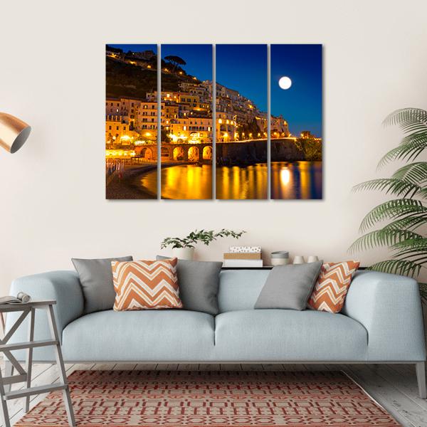 Night View Of Amalfi Cityscape Canvas Wall Art-4 Horizontal-Gallery Wrap-34" x 24"-Tiaracle