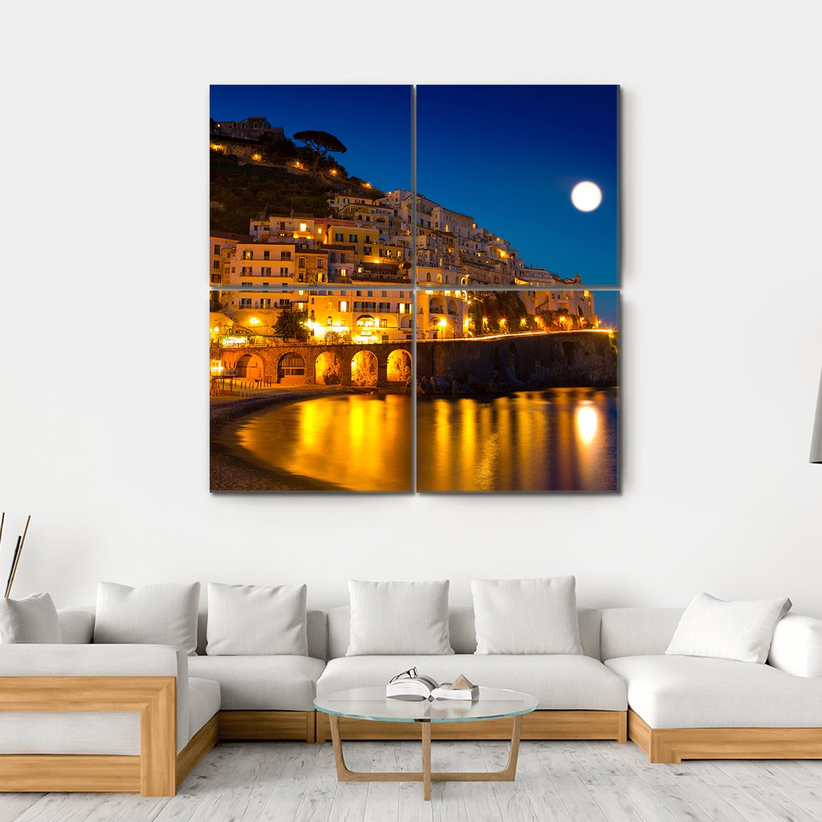 Night View Of Amalfi Cityscape Canvas Wall Art-4 Square-Gallery Wrap-17" x 17"-Tiaracle