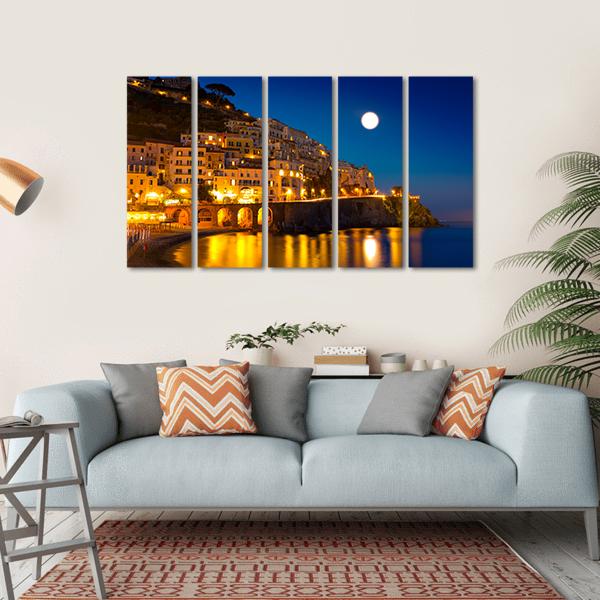Night View Of Amalfi Cityscape Canvas Wall Art-5 Horizontal-Gallery Wrap-22" x 12"-Tiaracle
