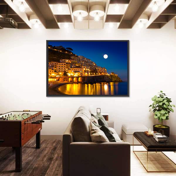 Night View Of Amalfi Cityscape Canvas Wall Art-3 Horizontal-Gallery Wrap-25&quot; x 16&quot;-Tiaracle