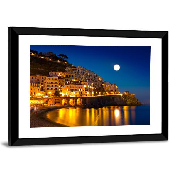 Night View Of Amalfi Cityscape Canvas Wall Art-3 Horizontal-Gallery Wrap-25&quot; x 16&quot;-Tiaracle