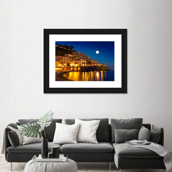Night View Of Amalfi Cityscape Canvas Wall Art-3 Horizontal-Gallery Wrap-25&quot; x 16&quot;-Tiaracle