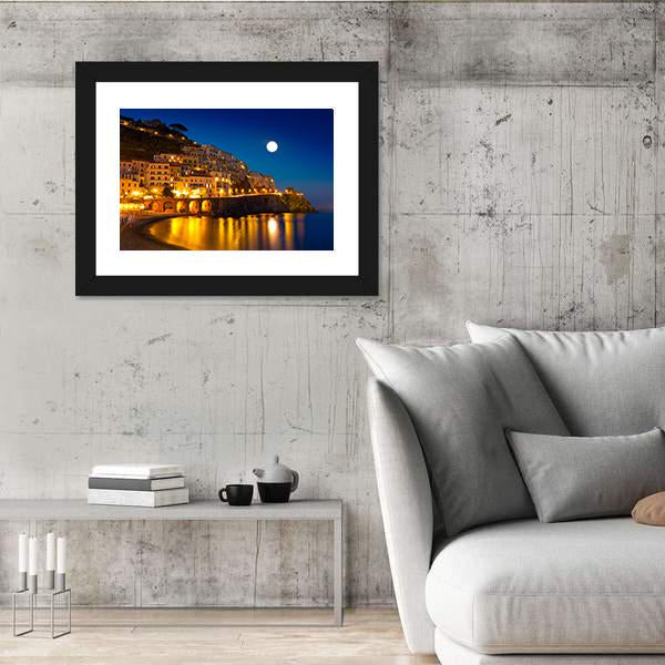 Night View Of Amalfi Cityscape Canvas Wall Art-3 Horizontal-Gallery Wrap-25" x 16"-Tiaracle