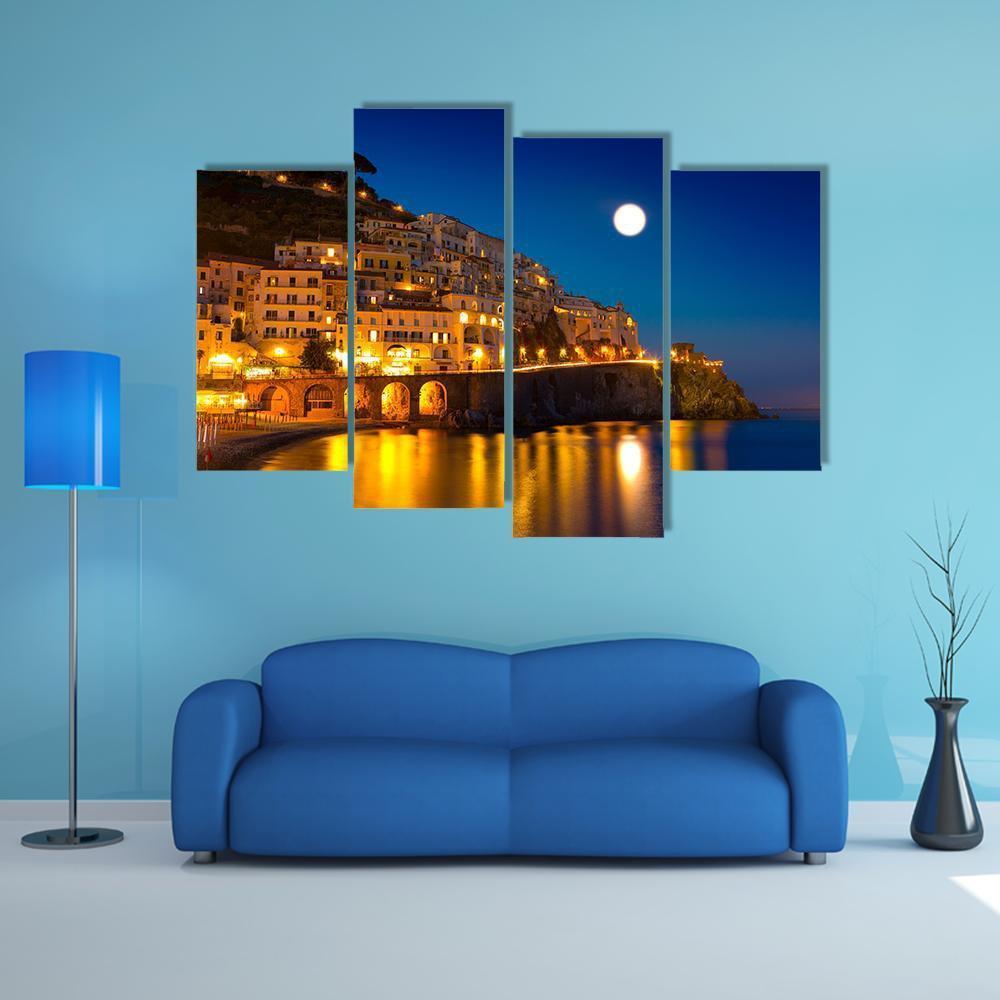 Night View Of Amalfi Cityscape Canvas Wall Art-4 Pop-Gallery Wrap-50&quot; x 32&quot;-Tiaracle