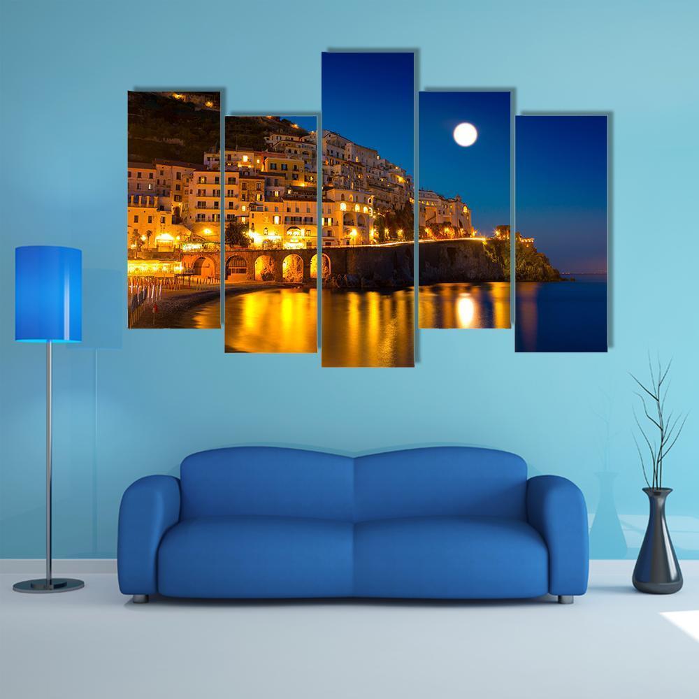 Night View Of Amalfi Cityscape Canvas Wall Art-5 Pop-Gallery Wrap-47&quot; x 32&quot;-Tiaracle