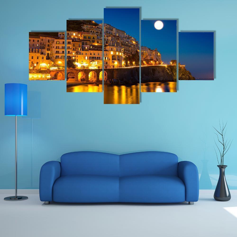 Night View Of Amalfi Cityscape Canvas Wall Art-5 Star-Gallery Wrap-62" x 32"-Tiaracle