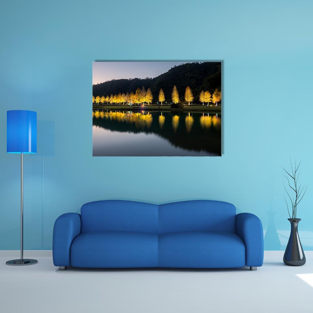 Bald Cypress Trees at Night Canvas Wall Art in black, gray and yellow, single panel hung on a wall