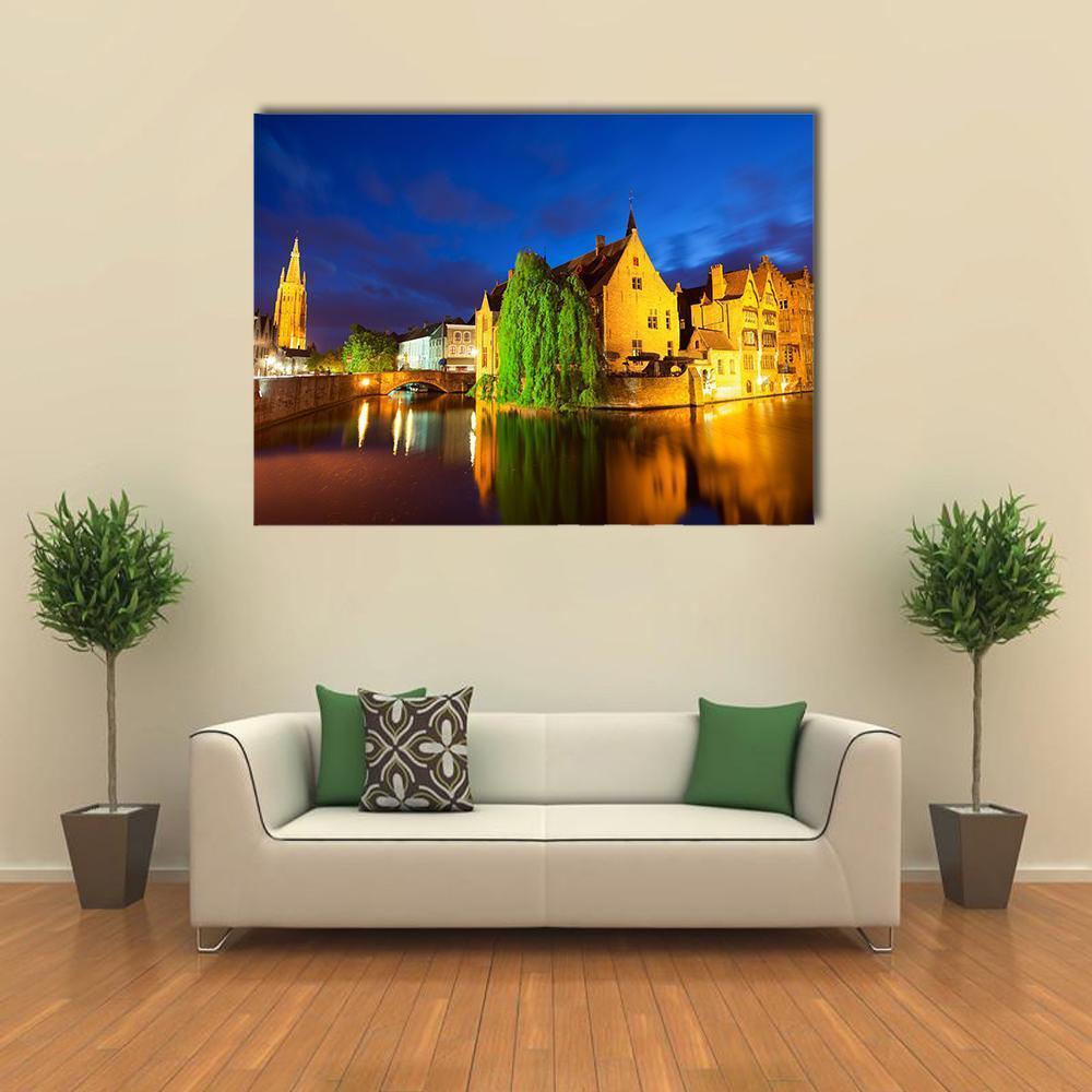 Bruges Town At Night Canvas Wall Art-1 Piece-Gallery Wrap-48" x 32"-Tiaracle