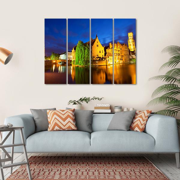 Bruges Town At Night Canvas Wall Art-4 Horizontal-Gallery Wrap-34" x 24"-Tiaracle