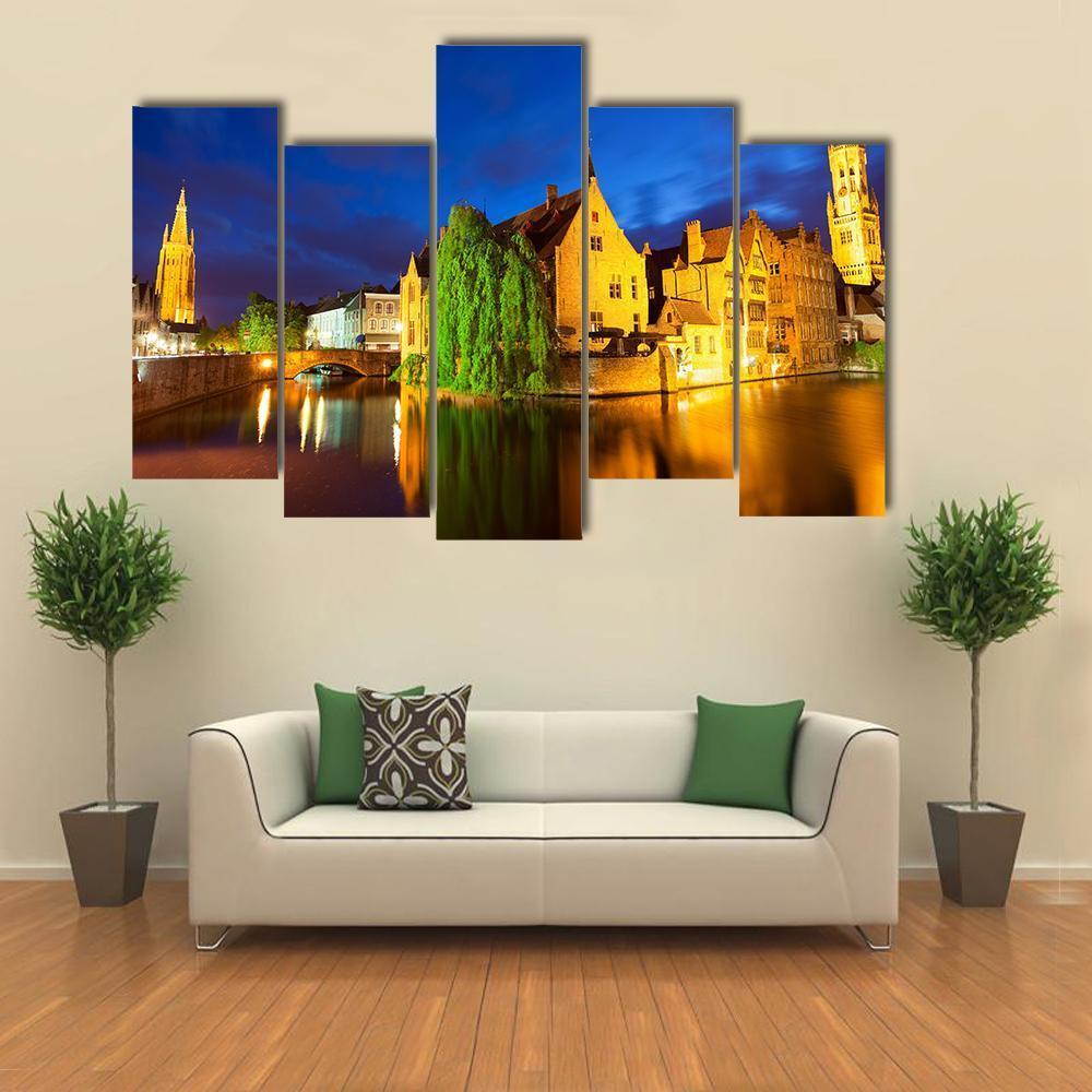Bruges Town At Night Canvas Wall Art-5 Pop-Gallery Wrap-47" x 32"-Tiaracle