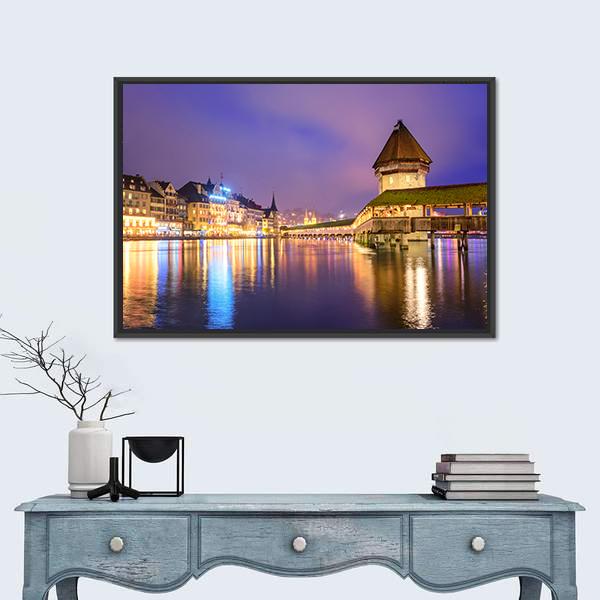 Night View Of Chapel Bridge Canvas Wall Art-1 Piece-Floating Frame-24" x 16"-Tiaracle