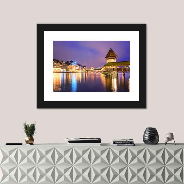 Night View Of Chapel Bridge Canvas Wall Art-1 Piece-Framed Print-20" x 16"-Tiaracle