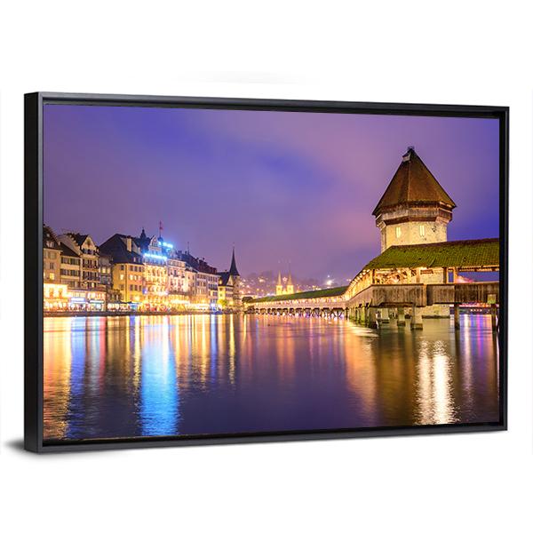 Night View Of Chapel Bridge Canvas Wall Art-3 Horizontal-Gallery Wrap-25" x 16"-Tiaracle