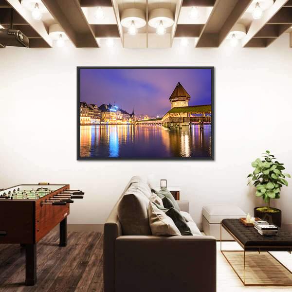 Night View Of Chapel Bridge Canvas Wall Art-3 Horizontal-Gallery Wrap-25" x 16"-Tiaracle