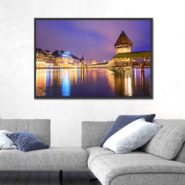 Night View Of Chapel Bridge Canvas Wall Art-3 Horizontal-Gallery Wrap-25" x 16"-Tiaracle