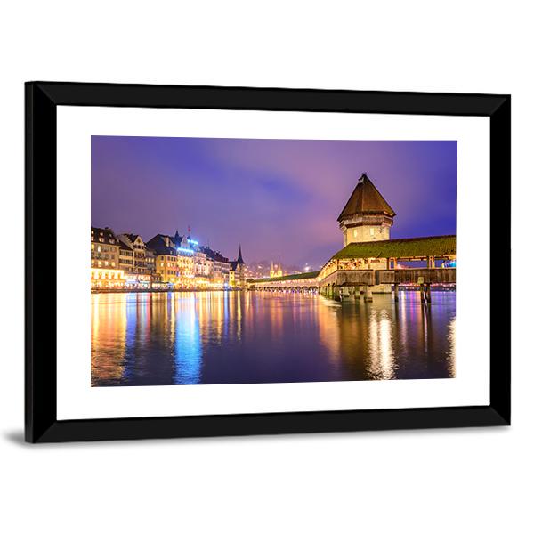 Night View Of Chapel Bridge Canvas Wall Art-3 Horizontal-Gallery Wrap-25" x 16"-Tiaracle
