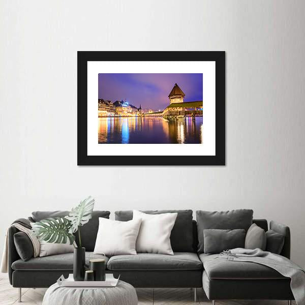 Night View Of Chapel Bridge Canvas Wall Art-3 Horizontal-Gallery Wrap-25" x 16"-Tiaracle