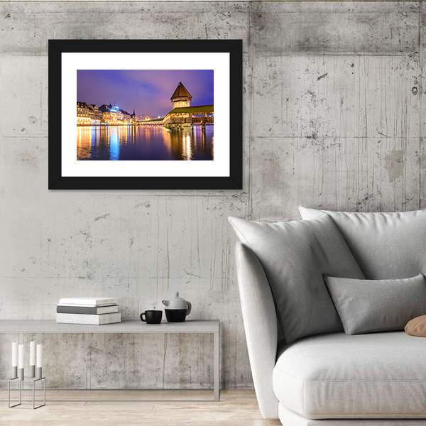 Night View Of Chapel Bridge Canvas Wall Art-3 Horizontal-Gallery Wrap-25" x 16"-Tiaracle