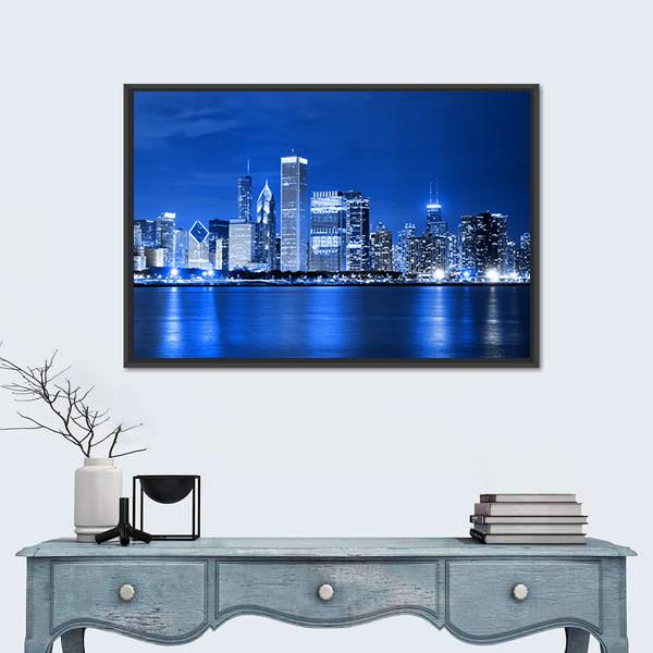 Night View Of Chicago Canvas Wall Art-1 Piece-Floating Frame-24" x 16"-Tiaracle
