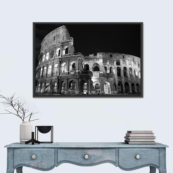 Nighttime Colosseum in Black and White Canvas Wall Art in black, white and gray, framed canvas, product view on a white background