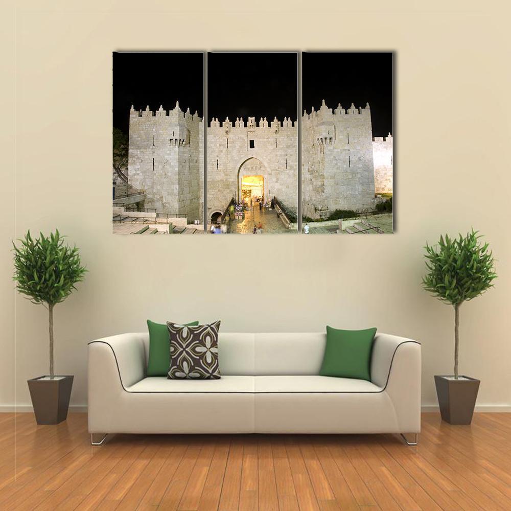 Damascus Gate Entrance at Night Canvas Wall Art in black, gray and beige, 5 panel Pop layout hung on a wall