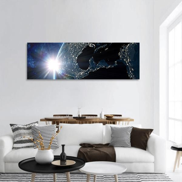 North &amp; South America At Night From Space Panoramic Canvas Wall Art-1 Piece-36" x 12"-Tiaracle