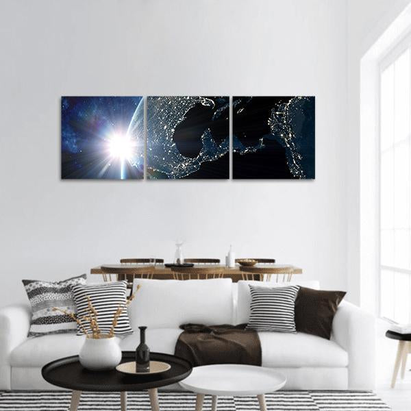North &amp; South America At Night From Space Panoramic Canvas Wall Art-3 Piece-25" x 08"-Tiaracle
