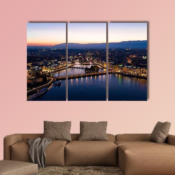 Aerial Night View Of Geneva Canvas Wall Art-5 Pop-Gallery Wrap-47" x 32"-Tiaracle