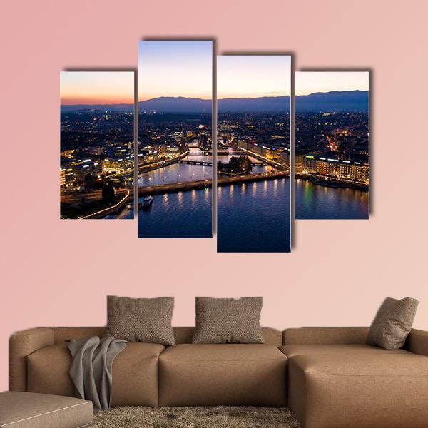 Aerial Night View Of Geneva Canvas Wall Art-4 Pop-Gallery Wrap-50" x 32"-Tiaracle