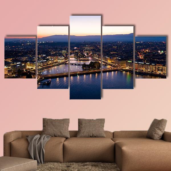 Aerial Night View Of Geneva Canvas Wall Art-5 Star-Gallery Wrap-62" x 32"-Tiaracle