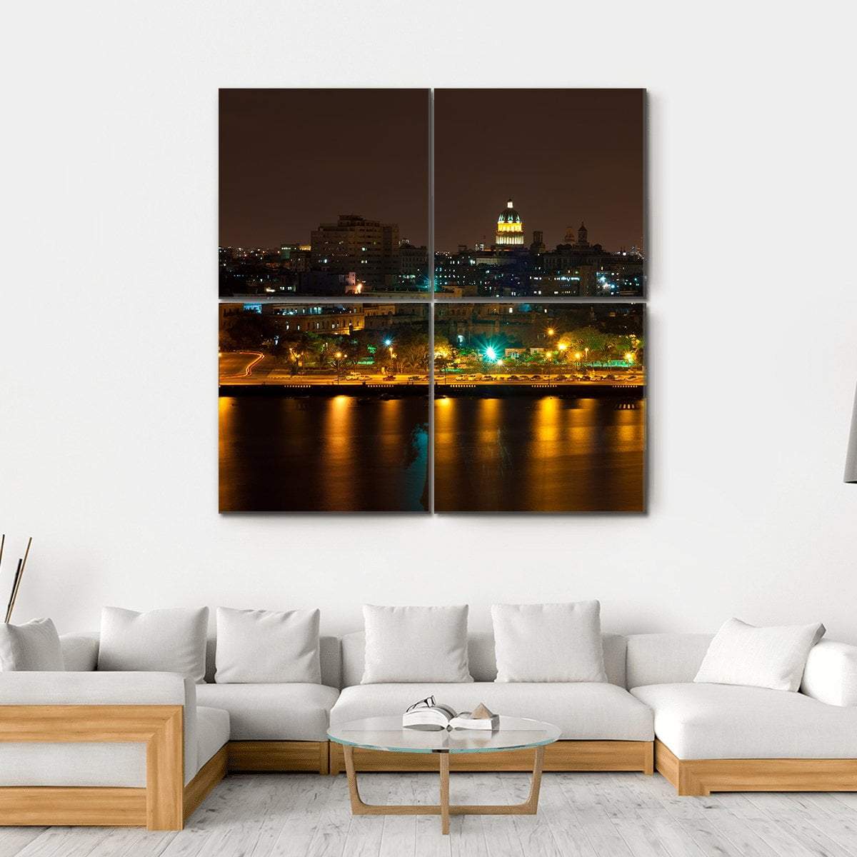 Night View Of Havana Canvas Wall Art-4 Square-Gallery Wrap-17" x 17"-Tiaracle