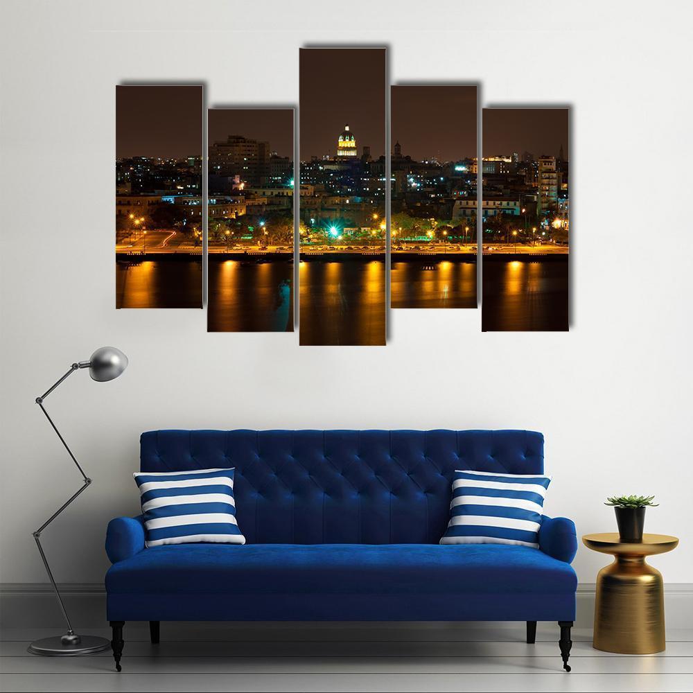 Night View Of Havana Canvas Wall Art-5 Pop-Gallery Wrap-47" x 32"-Tiaracle