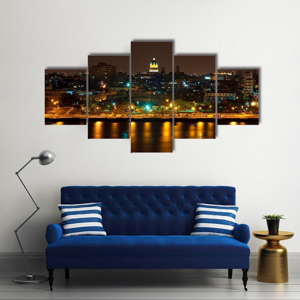 Night View Of Havana Canvas Wall Art-5 Star-Gallery Wrap-62&quot; x 32&quot;-Tiaracle