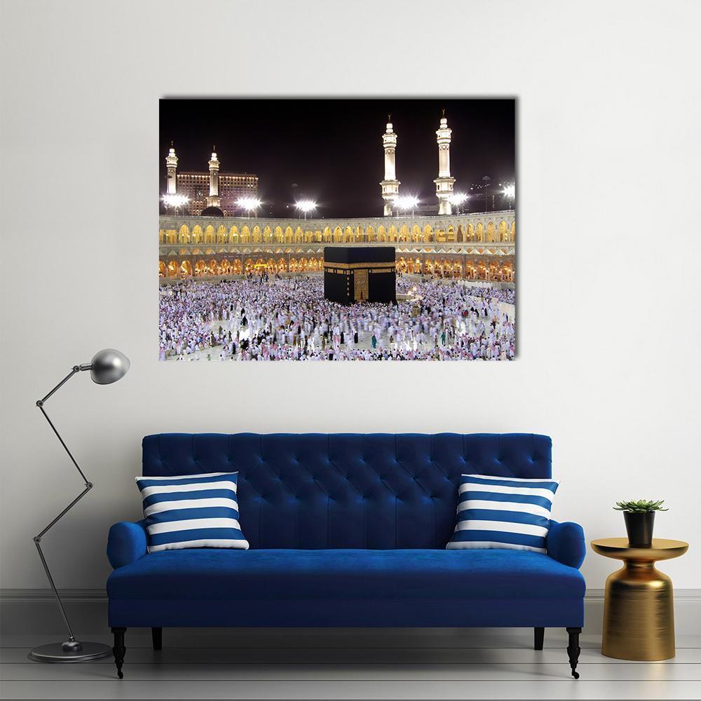 Night View of the Kaaba Canvas Wall Art in black, white and gold, single panel hung on a wall