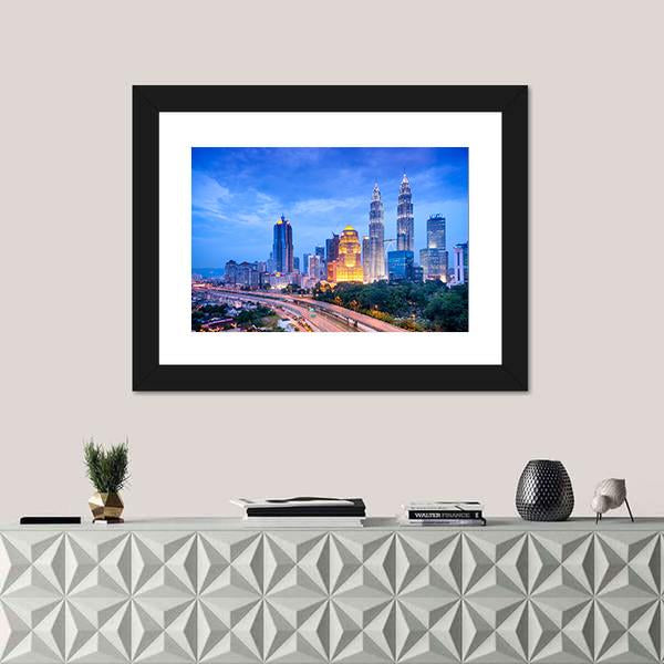 Night View Of Kuala Lumpur Canvas Wall Art-1 Piece-Framed Print-20" x 16"-Tiaracle
