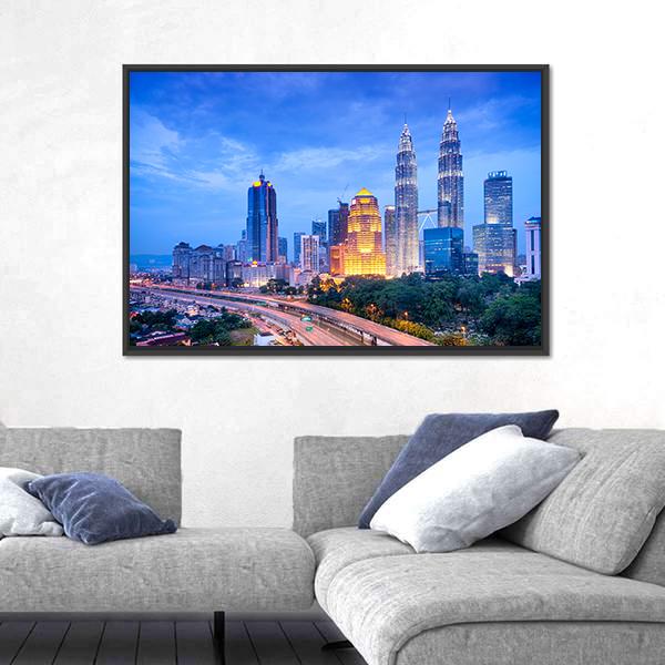 Night View Of Kuala Lumpur Canvas Wall Art-3 Horizontal-Gallery Wrap-25" x 16"-Tiaracle