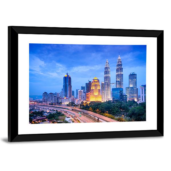 Night View Of Kuala Lumpur Canvas Wall Art-3 Horizontal-Gallery Wrap-25" x 16"-Tiaracle