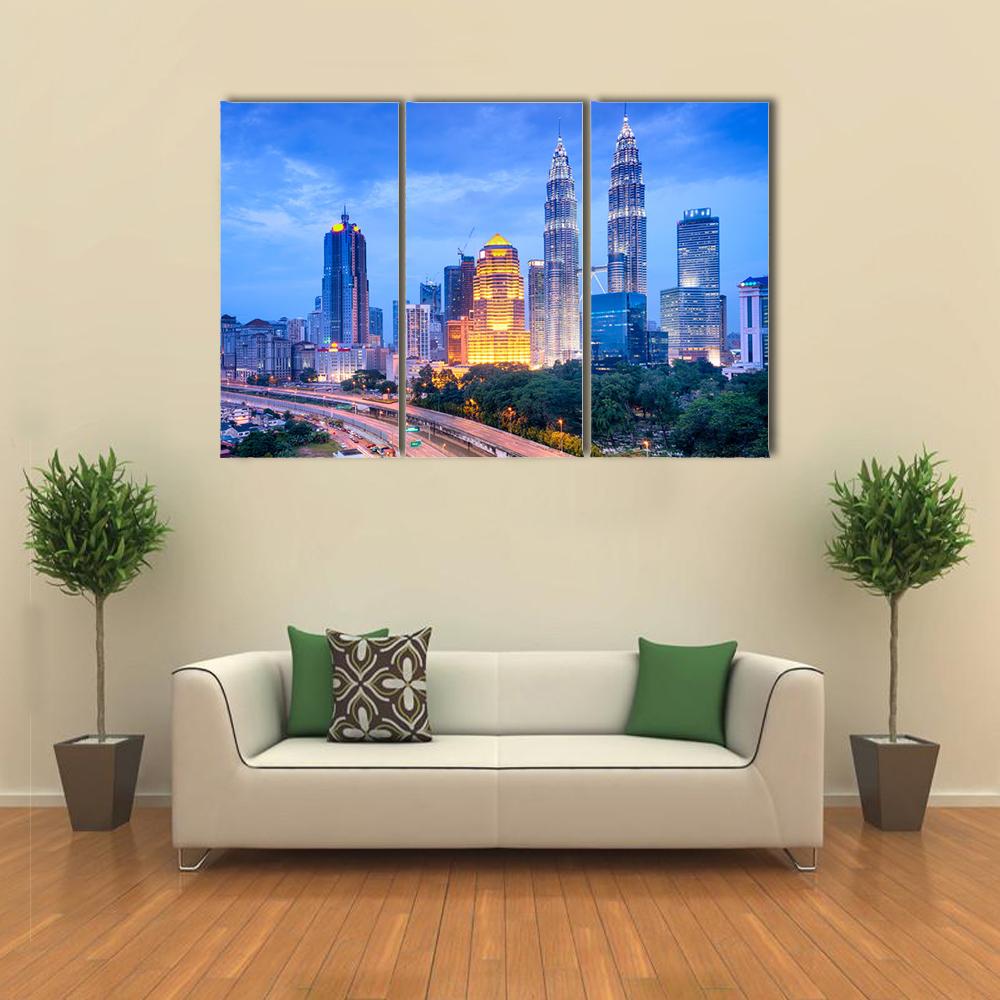 Night View Of Kuala Lumpur Canvas Wall Art-3 Horizontal-Gallery Wrap-25" x 16"-Tiaracle