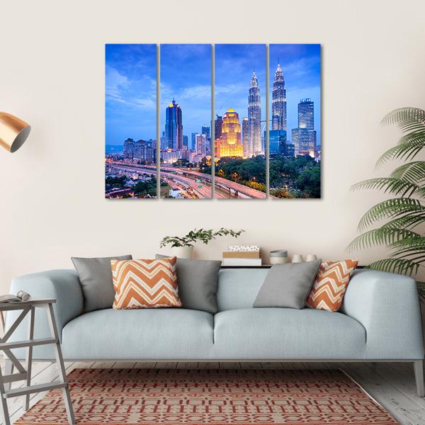 Night View Of Kuala Lumpur Canvas Wall Art-4 Horizontal-Gallery Wrap-34" x 24"-Tiaracle