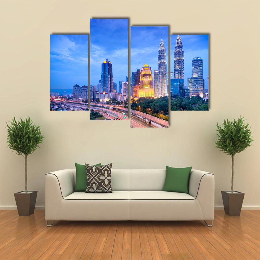 Night View Of Kuala Lumpur Canvas Wall Art-4 Pop-Gallery Wrap-34" x 20"-Tiaracle
