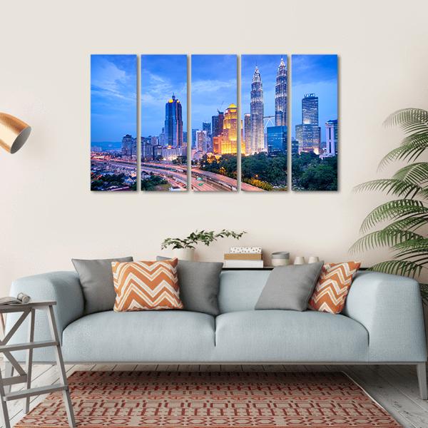 Night View Of Kuala Lumpur Canvas Wall Art-5 Horizontal-Gallery Wrap-22" x 12"-Tiaracle