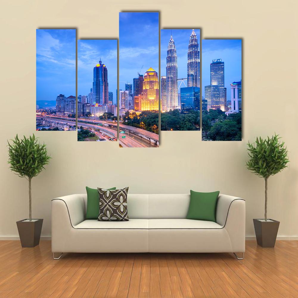 Night View Of Kuala Lumpur Canvas Wall Art-5 Pop-Gallery Wrap-32" x 21"-Tiaracle