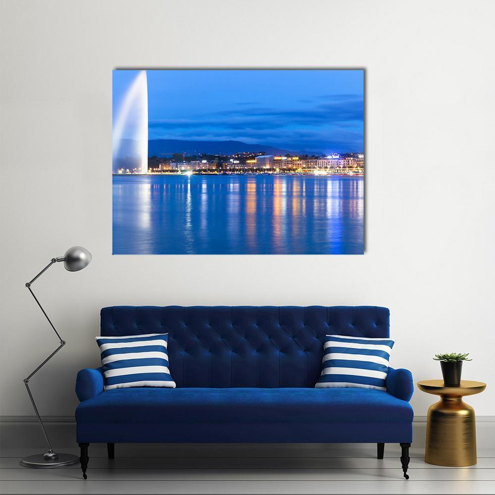 Lake Geneva At Night Canvas Wall Art-1 Piece-Gallery Wrap-48" x 32"-Tiaracle