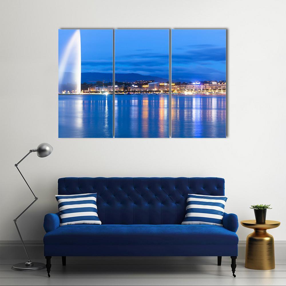 Lake Geneva Night Skyline Canvas Wall Art in white, blue and navy, 3 panel horizontal set hung on a wall