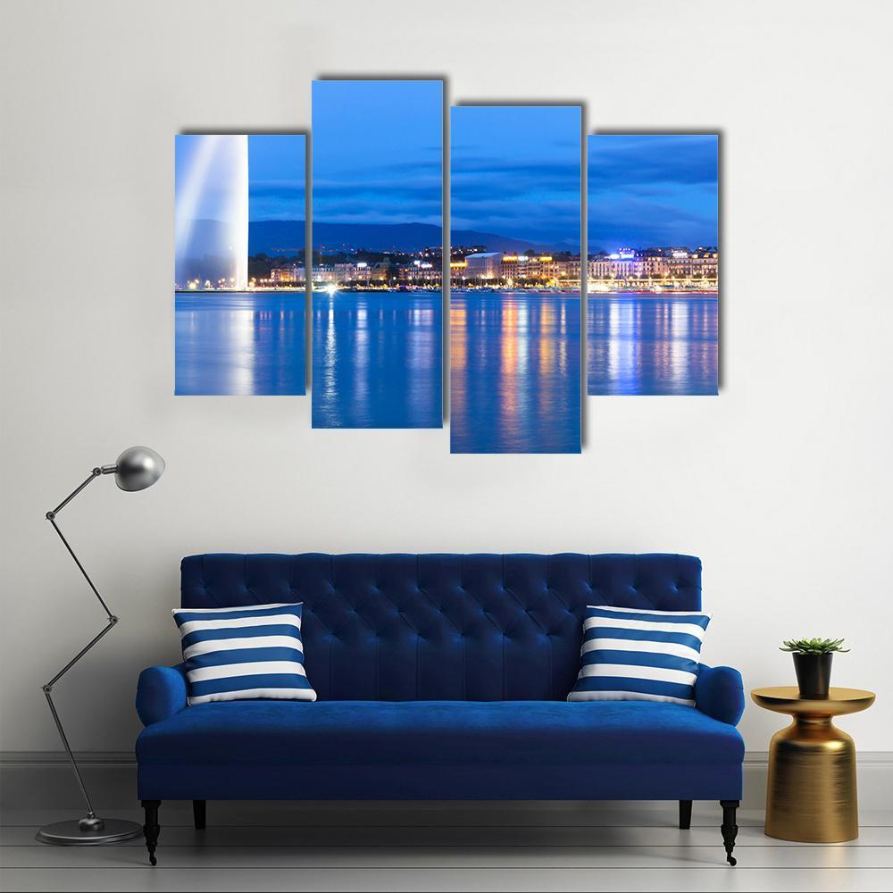 Lake Geneva At Night Canvas Wall Art-4 Pop-Gallery Wrap-50" x 32"-Tiaracle