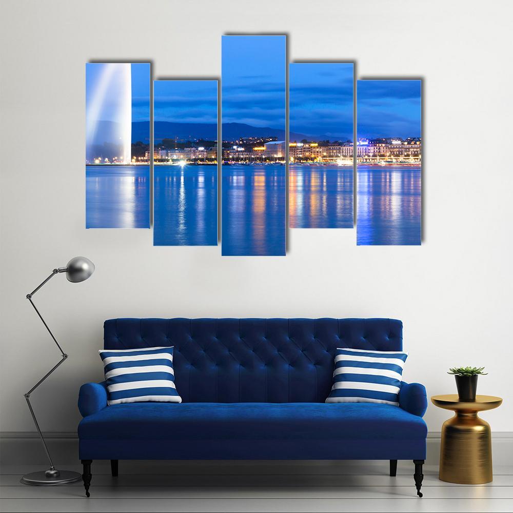 Lake Geneva At Night Canvas Wall Art-5 Pop-Gallery Wrap-47" x 32"-Tiaracle