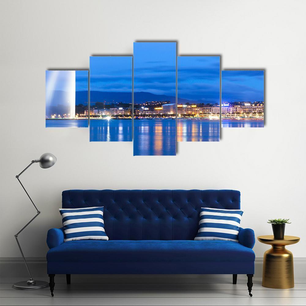 Lake Geneva At Night Canvas Wall Art-5 Star-Gallery Wrap-62" x 32"-Tiaracle