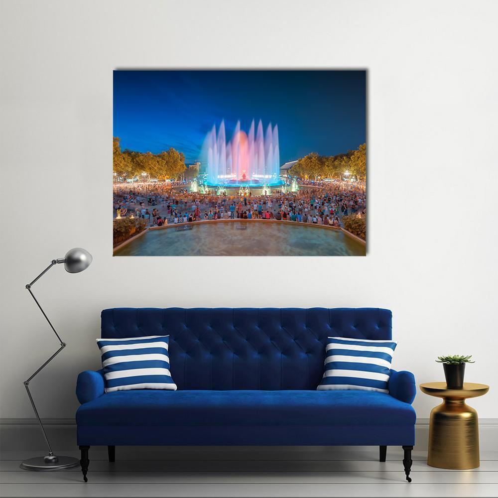 Magic Fountain of Montjuïc, Barcelona Canvas Wall Art in orange, yellow and blue, single panel hung on a wall