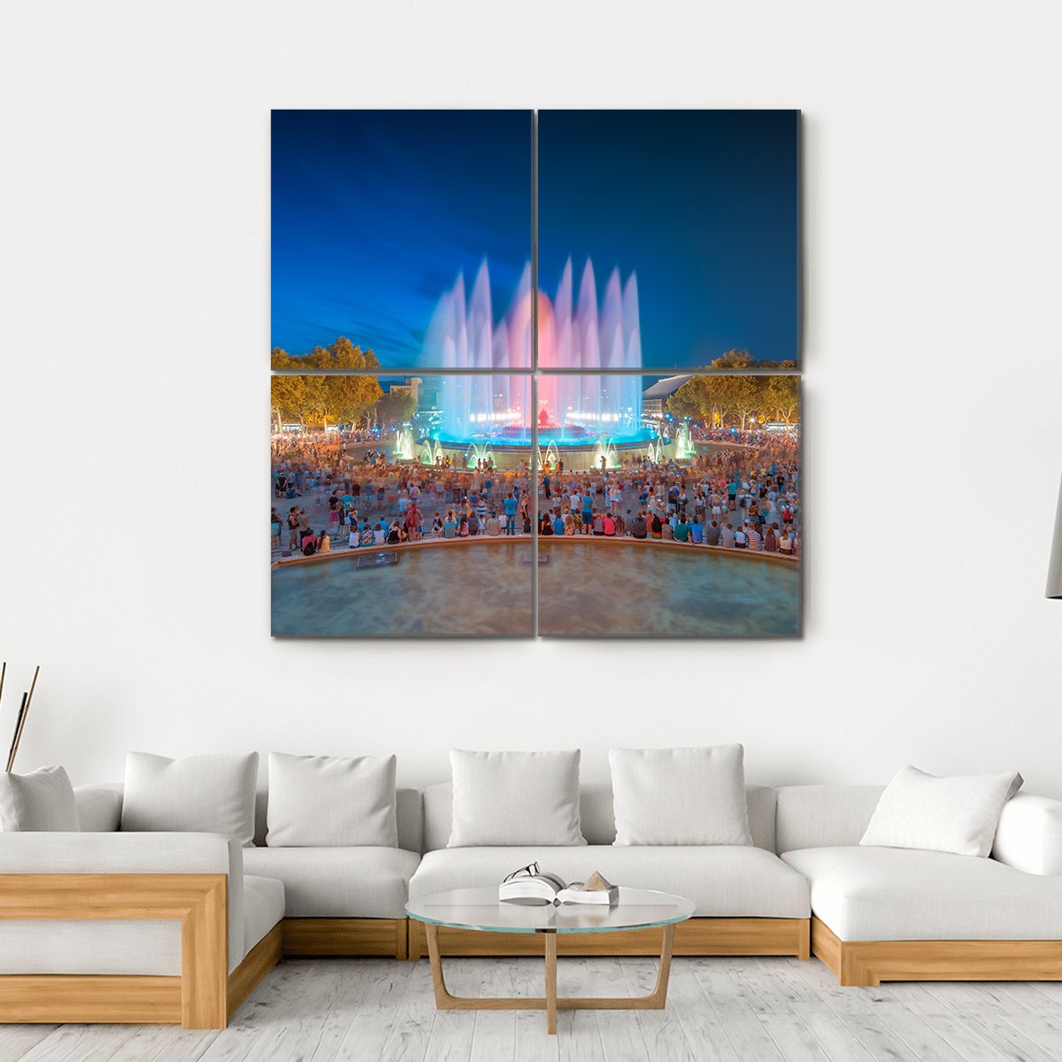 Magic Fountain of Montjuïc, Barcelona Canvas Wall Art in orange, yellow and blue, hung on a wall