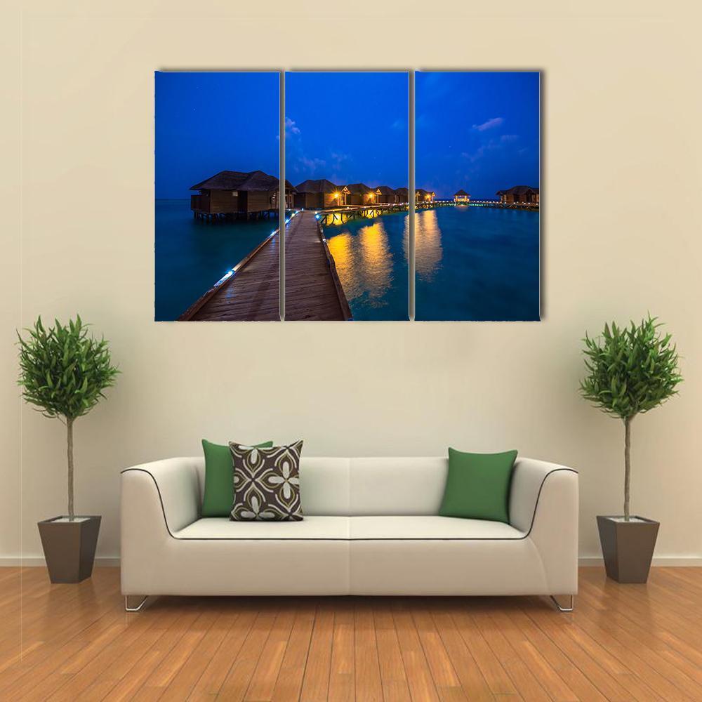 Over Water Bungalows At Night Canvas Wall Art-3 Horizontal-Gallery Wrap-37" x 24"-Tiaracle